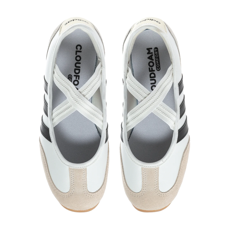 adidas White & Black Cross-Strap Ballet Sneakers with Gum Sole