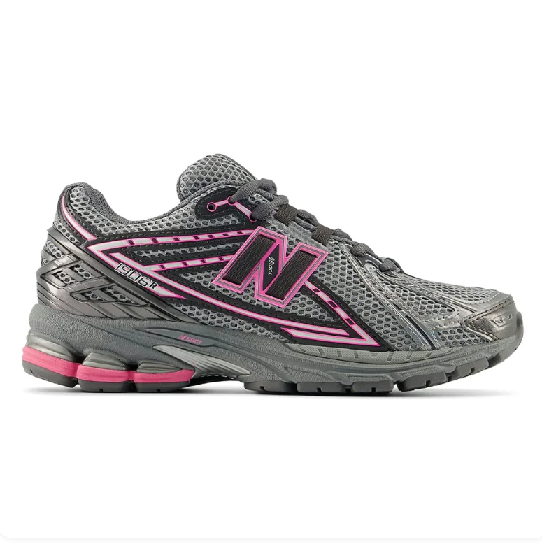 New Balance 1906R Grey and Black Sneakers with Pink Accents