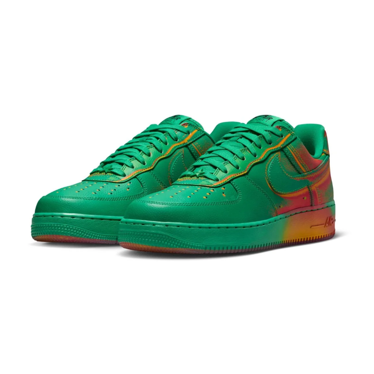 Nike Air Force 1 Green Low-Top Sneakers with Red and Orange Accents