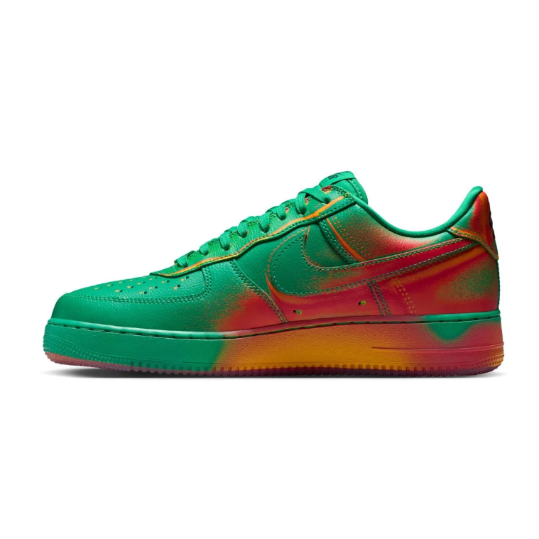 Nike Air Force 1 Green Low-Top Sneakers with Red and Orange Accents