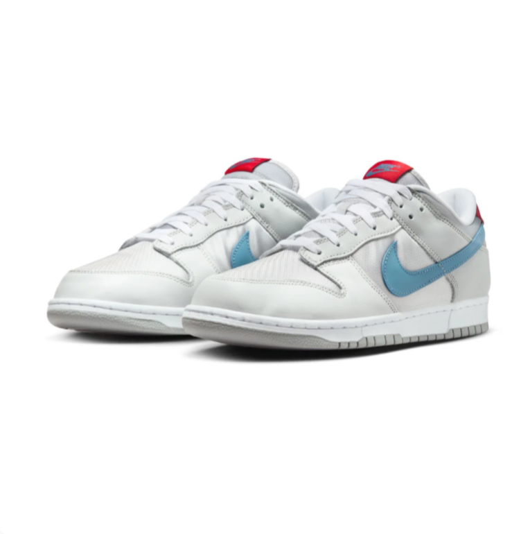 Nike Dunk Low Light Grey and Blue Sneakers with Red Accents