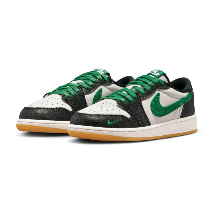 Air Jordan Black and White Low-Top Sneakers with Green Swoosh and Gum Outsole