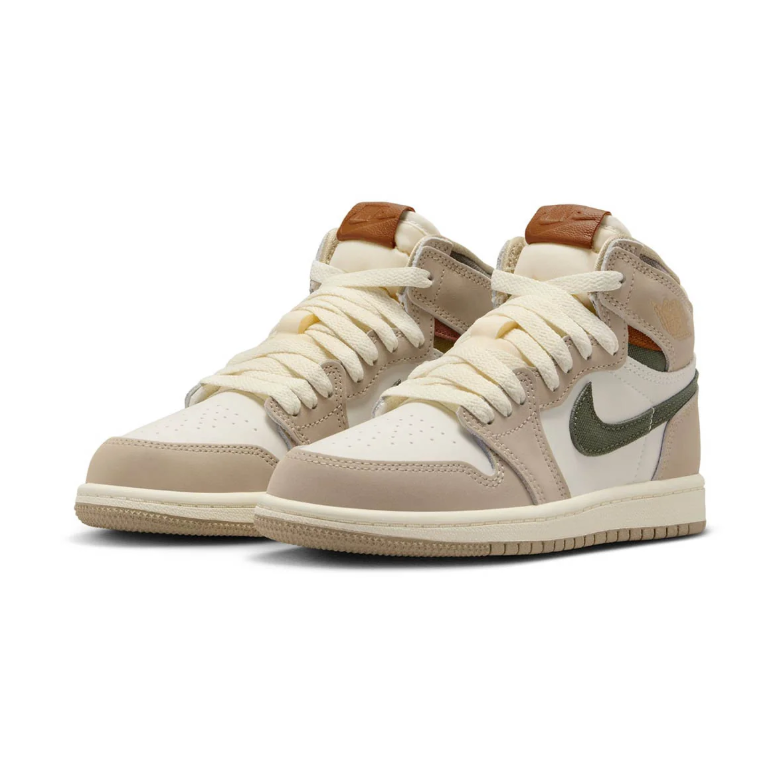 Air Jordan Beige and White High-Top Sneakers with Olive Swoosh