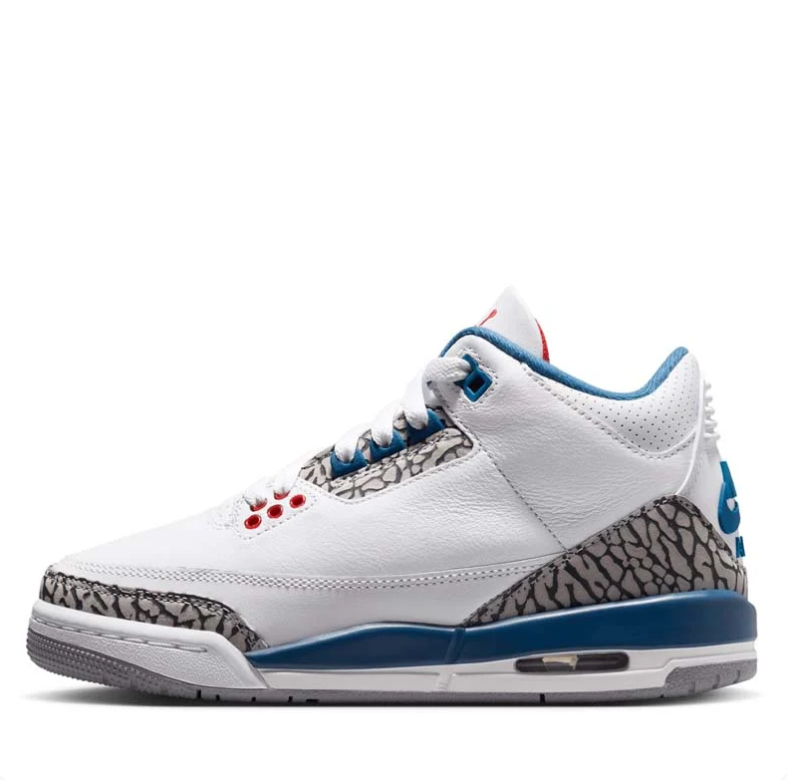 Jordan White and Blue Sneakers with Elephant-Print Panels and Red Accents