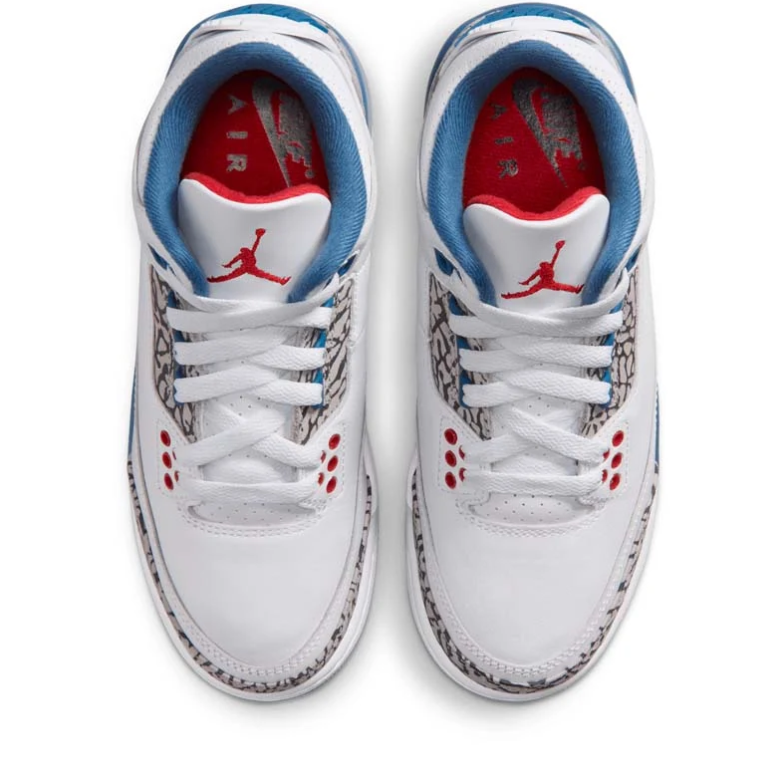 Jordan White and Blue Sneakers with Elephant-Print Panels and Red Accents