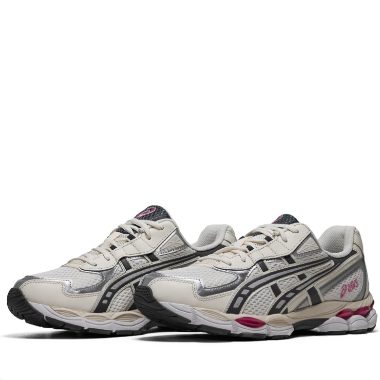 ASICS Cream and Silver Mesh Sneakers with Black Stripes and Burgundy Accents