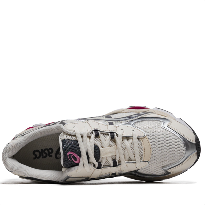 ASICS Cream and Silver Mesh Sneakers with Black Stripes and Burgundy Accents