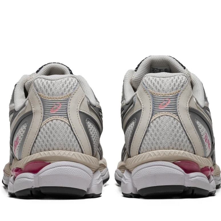 ASICS Cream and Silver Mesh Sneakers with Black Stripes and Burgundy Accents