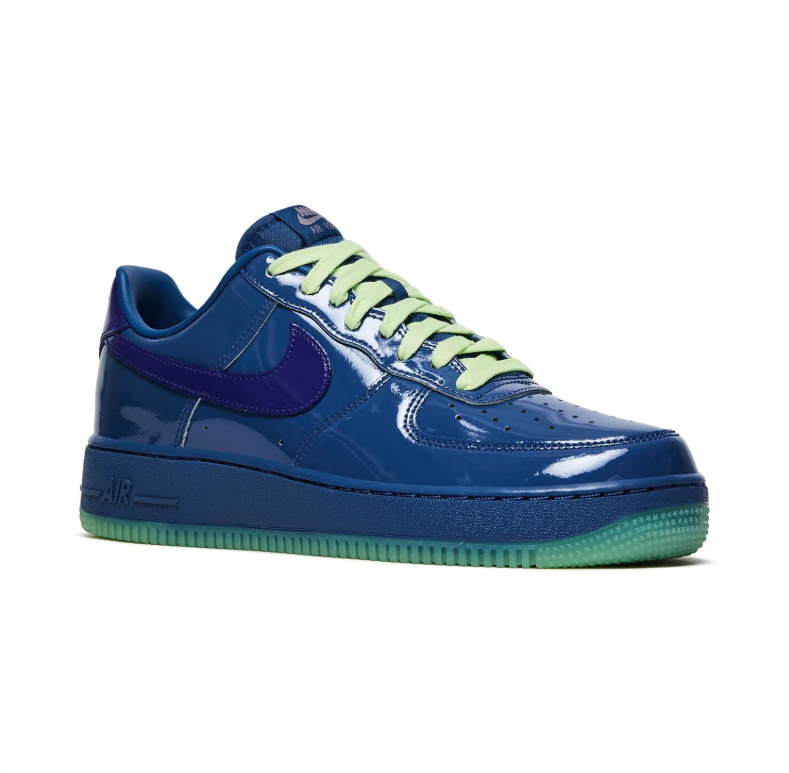 Nike Glossy Blue Low-Top Sneakers with Purple Swoosh and Mint Green Sole