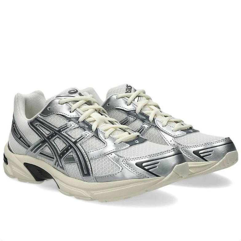 ASICS Silver and Light Grey Mesh Sneakers with Black Stripes and Cream Sole