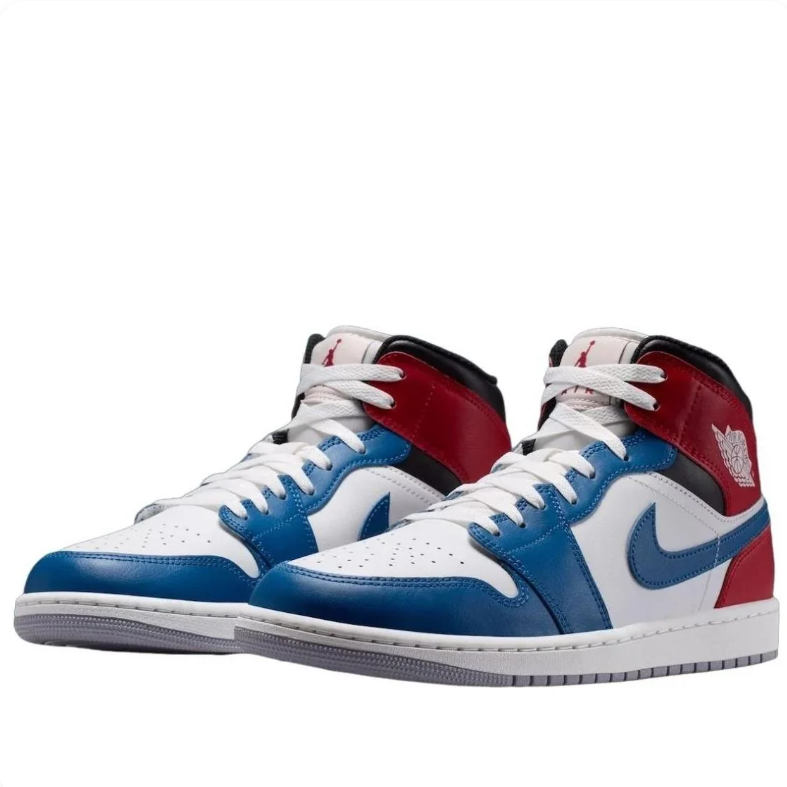 Jordan White, Blue and Red Mid-Top Sneakers with Black Collar