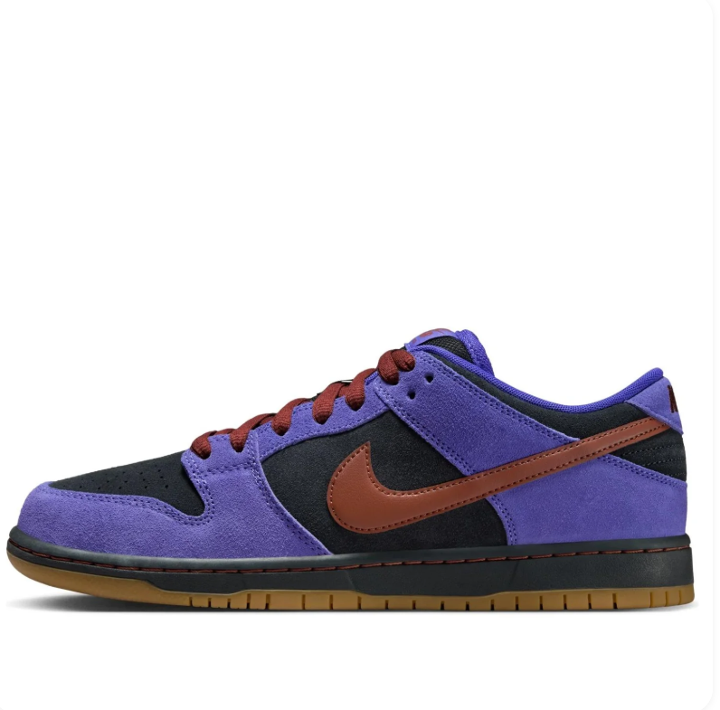 Nike Purple and Black Low-Top Sneakers with Rust Brown Swoosh and Gum-Tone Sole