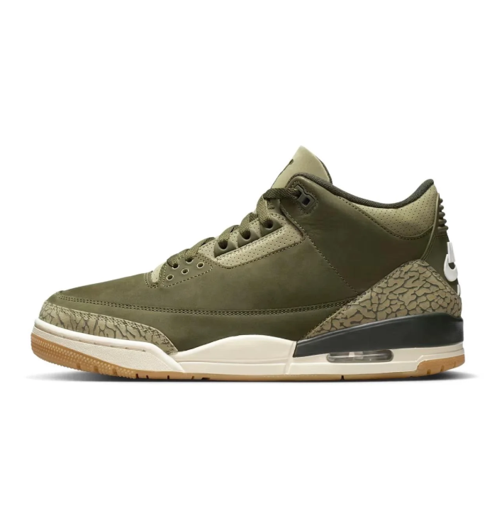 Jordan Olive Green Sneakers with Elephant-Print Panels and Gum-Tone Sole