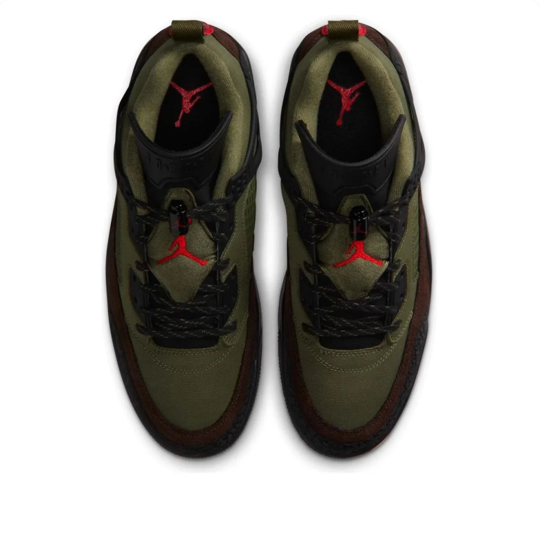 Jordan Olive Green and Brown Sneakers with Black Panels and Red Accents