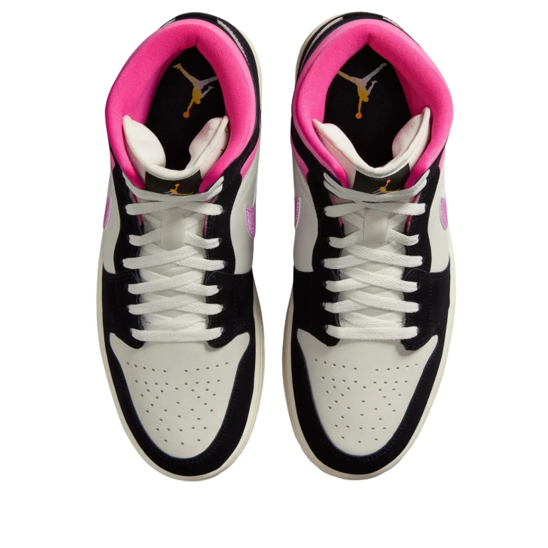 Jordan Black and Off-White High-Top Sneakers with Pink Collars and Purple Swooshes