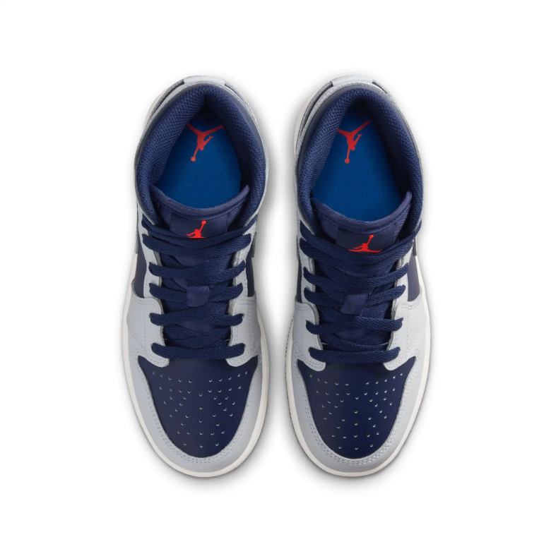 Jordan Navy Blue and Light Gray High-Top Sneakers with Red Jumpman Details